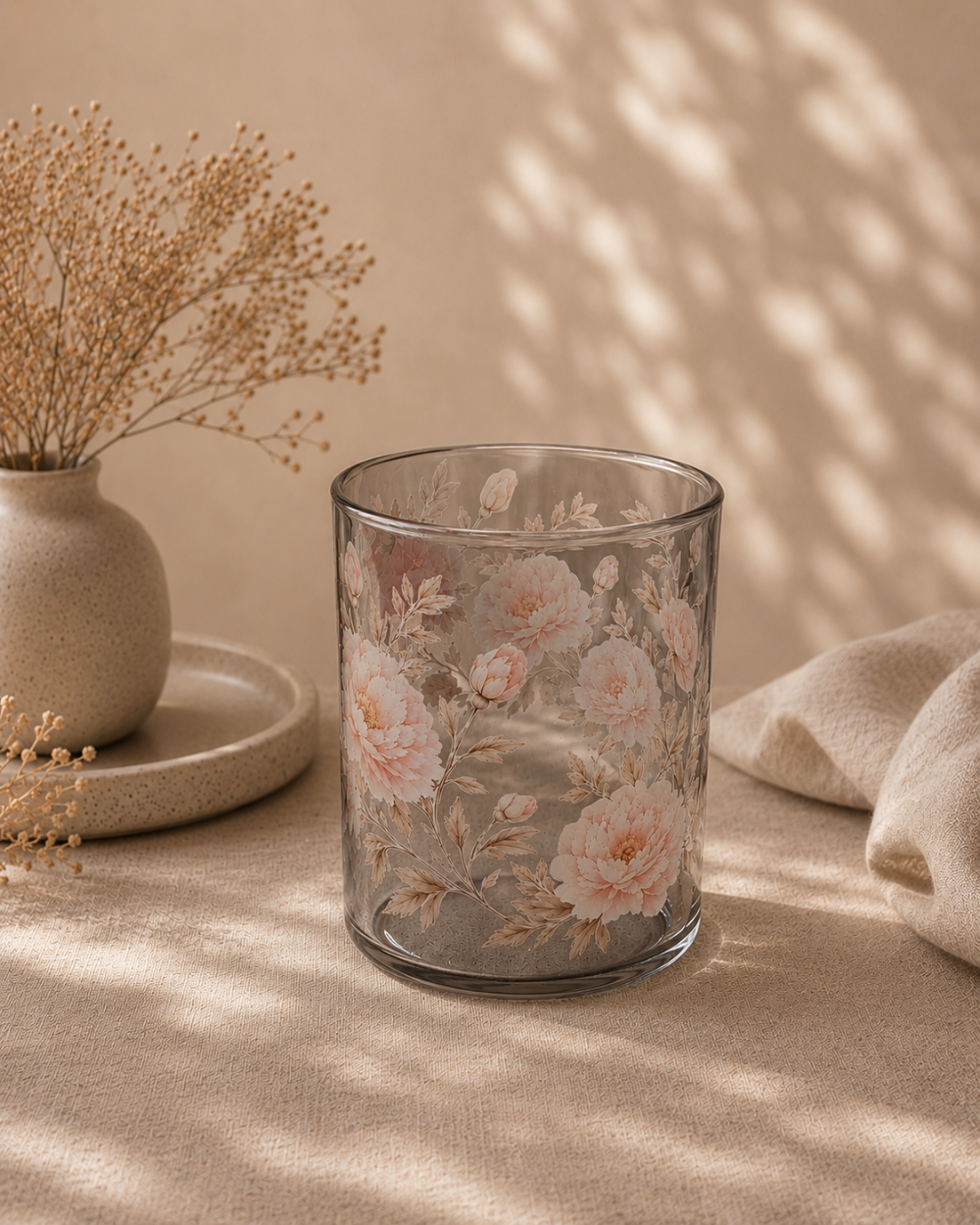Windlicht „Pfingstrosentraum“ – handveredeltes Glas mit floralem Design