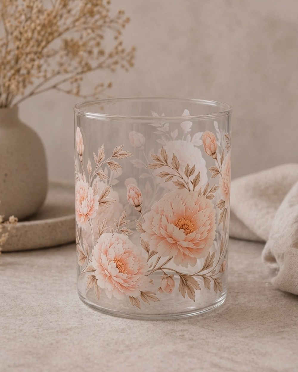 Windlicht „Pfingstrosentraum“ – handveredeltes Glas mit floralem Design