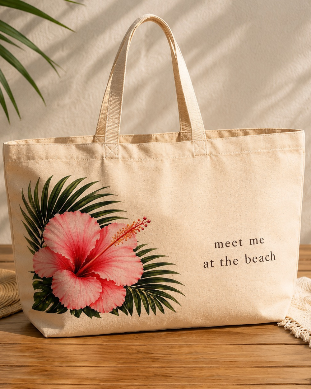 Oversized Canvas Tote Bag – Beach Bag mit Hibiskus Print