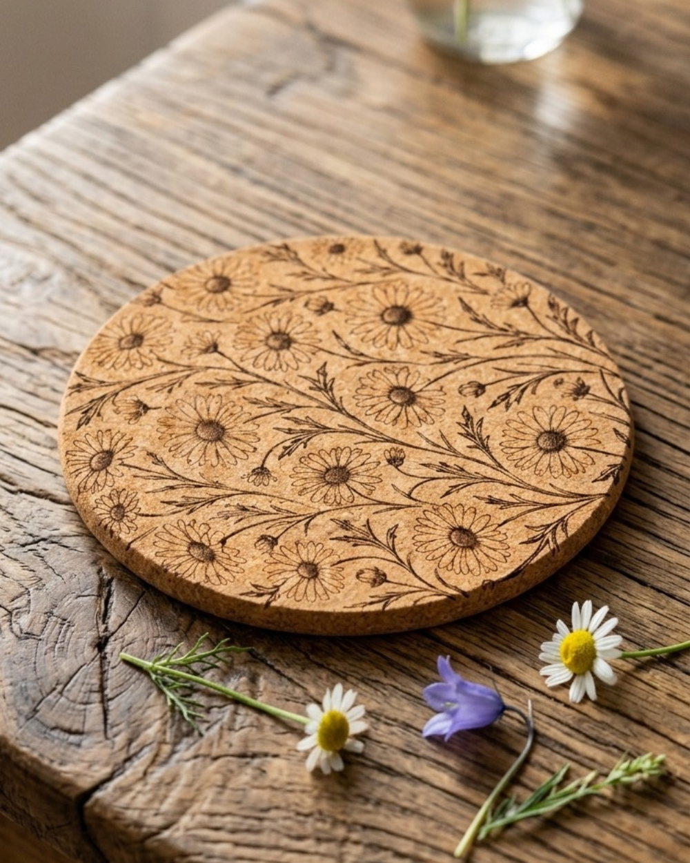 Gänseblümchenzauber – XL Kork-Untersetzer - Gravur (19 cm)