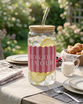 Trinkglas „Bonjour Amour“ – Glas mit Bambusdeckel & Glasstrohhalm